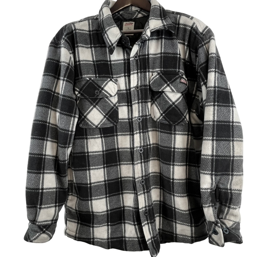 Dickies Men L Black White Plaid Fleece Shirt Jacket Button Up Black Gray Quilted
